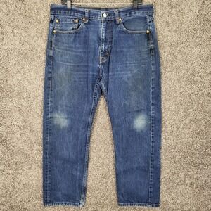 Levis 505 Regular Fit Jeans Mens W36 L30 Fits 35x28 Blue Denim Pants Distressed